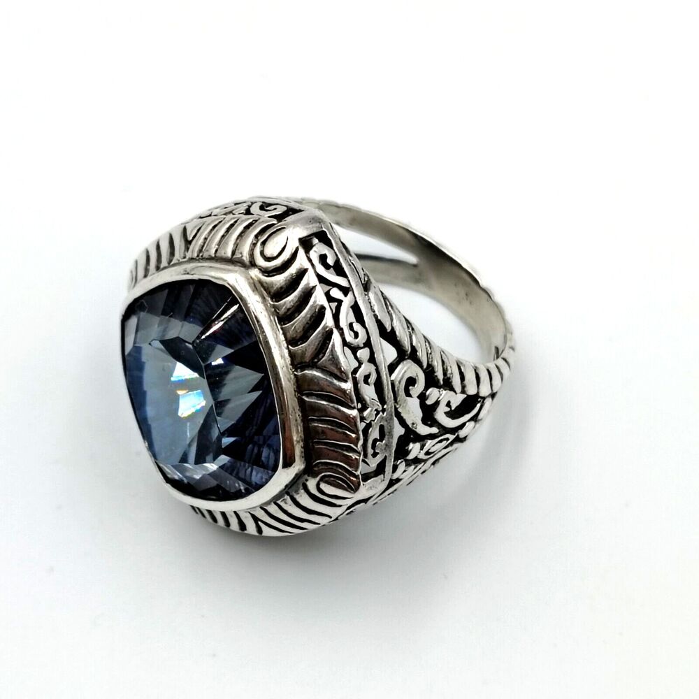 AF Designer Sterling Silver 925 Blue Topaz Ornate Cocktail Ring Sz 6.5